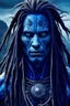 Placeholder: Christian bale as muscular blue skinned alien with long dreadlocks and tribal tattoos and silver whip ocean in the background realistic face, close-up, dark fantasy, smoke in the sky, intricate details, hyper detailed