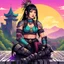 Placeholder: [psychedelic pixel illustration by Jannell Jaquays with Solstice colour palette] Neo-punk asian warrior girl with barcode tattoo sits in front of the camera, warhammer ready to engage, medieval castle in the background