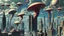 Placeholder: a stunningly weird image of a futuristic metropolis using Salvador Dali's paranoiac-critical method, where buildings and structures appear to melt into the skyline like melting ink. The cityscape is filled with floating medusas and mad, twisted shapes that interact with the buildings and each other, forming a surreal tableau of a dreamlike reality. Capture the essence of the scene in a cinematic manner, with dramatic shadows and vibrant colors that enhance the distorted perspectives and bizarre