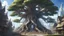 Placeholder: anime final fantasy artwork style, Highly detailed, Giant tree, gorgeous shiny crystal tree Yggdrasil, at the bottom medieval fantasy city