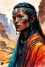 Placeholder: create an ink wash and watercolor portrait of a nomadic tribal shepherdess with highly detailed, delicate feminine facial features, inhabiting an ethereal tropical canyon land in the comic book style of Jean Giraud Moebius, David Hoskins, and Enki Bilal, precisely drawn, boldly inked, with vibrant colors