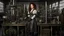 Placeholder: woman with dark wavy hair, with detailed metallic legs and arms, dressed like a Victorian, in a laboratory full of small machines