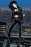 Placeholder: Goth_punk style,dynamic pose, full body ,((on top of a rooftop at night)), blue and black hair mix, shiny eyes, dark lipstick, goth black leather jacket with spiky decorations, blue shirt, black leather tight pants, combat boots with spiky decorations, goth black belt with spiky decorations, sharp focus, detailed, intricate detail, splash screen