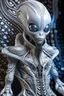 Placeholder: A beautiful alien with big eyes and small nose and mouth wearing a bioluminescense white zafír wearing biomechanical amalgamation style leather jacket dress ribbed with silver floral metallic filigree biomechanical vantablack pattern, organic bio spinal ribbed detail of gothic winter backround extremely detailed maximalist hyperrealistic portrait art