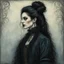 Placeholder: create a 3/4 profile, full body oil pastel of a dark haired, savage, ornately dressed, gothpunk vampire girl with highly detailed , sharply defined hair and facial features , in a foggy 19th century Moscow, in the style of JEAN-FRANCOIS MILLET