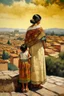 Placeholder: 2 mexican woman painting neoclassism standing from the back whole body zoom out looking at a traditional mexican city with child