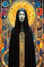 Placeholder: Create chaotic abstract cubist full body religious triptych depicting a martyred Gothpunk Saint Hildegard of Bingen , with highly detailed facial features, in the style of Bill Sienkiewicz, Philippe Druillet, Gustav Klimt, and Jean Giraud Moebius, precisely drawn, colored and inked