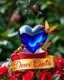 Placeholder: realistic image of a shiny deep sapphire blue heart, colorful pearls, colorful glass, colorful glass humming birds, near a red coffee cup with steam, red roses under a shiny golden ribbon that mini logo name details text "Dewi Cinta" in cursive letters, lush green garden background, ultra HD 64k resolution hyperrealism cinematic photography, sharp focus