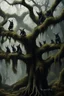 Placeholder: A group of black dark creatures hanging upside down from a tree without leaves . The tree skin is covered in moss and lichen, allowing it to blend seamlessly into its surroundings. Dark cave Spirits feed on the energy of trees and can create thick fog to confuse their victims.
