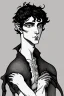 Placeholder: Black haired blue eyed freckled young male satyr alchemist in the style of aubrey beardsley