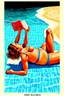 Placeholder: beautiful girl in a bikini and t-shirt laying on her stomach while a beach towel while reading a book, silkscreen poster by artist Rockin' Jellybean
