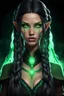 Placeholder: Hexblood warlock female. Lightly tanned skin. Long, thick, silky jet-black hair reaching her waist, with a center part and two loose Dutch braids starting at her temples, flowing into the rest of her straight hair. A few soft strands frame her face. Bright glowing pale emerald-green eyes. Delicate facial features, full lips, high cheekbones and a soft mischievous smile. Subtle dark vine-like markings across her neck and collarbone.