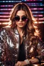 Placeholder: Real photography beautiful woman super model European on fashion style dressing luxury jacket diamonds patterns,sunglasses,turn on music DJ player in disco club