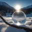 Placeholder: Frozen bubble in front of a snowy mountain landscape, the bubble has wonderful icecrystals and the sun is shining, frozen, cold outside, beautiful small ice flowers in front of the bubble