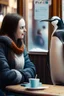 Placeholder: young woman talk to a penguin in coffee-shop