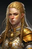 Placeholder: Dungeons and dragons female aasimar with golden freckles, golden eyes, golden hair, braids, and chainmail armor.