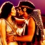 Placeholder: johnny depp as indiana jones kissing cleopatra. at sunset, in egypt.