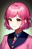Placeholder: masterpiece, best quality, expressive eyes, face focus, 1woman, portrait, pink clothing, modern clothing, cute, smile, pink hair, short bob, curly bob, brown eyes, college uniform