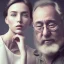 Placeholder: a young woman sitting next to a 50-year-old man with a beard and short hair, portrait, 8K, close-up face, anatomically perfect face, Highly detailed stunning full frame portrait, misty and cloudy atmosphere