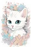 Placeholder: A playful kitten, adorned in a dainty floral dress, surrounded by a sea of pastel colors on a blank white canvas, with bold black lines and precise outlines.