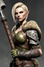 Placeholder: A female bosmer barbarian from Skyrim with dark brown eyes, blonde, short hair, holding orcish maul in hands, fit