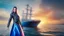 Placeholder: half body shot,realistic portrait of a 20-25 old caucasian model, long blue pink flowing hair, great grey eyes, blue leather jacket,full body, short white skirt,long legs,standing on deck of very big ship, beach of very nice lake with sunset ,clouds,godrayes