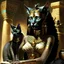 Placeholder: scene from Egyptian mythology. The cat goddess Bastet. She has the body of a woman and the head of a cat.