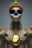 Placeholder: black male African alien, cracks in the voodoo head, wicked, diamond eyes, crown, blood, 8k, finely detailed, photo realistic, leopard style turquoise skull head gold dragon space alien rain skeleton gold tooth silver crown silver space suit spaceships