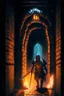 Placeholder: A frightening castle dungeon hallway with an evil knight warrior in rusty chainmail holding a burning torch painterly rpg art