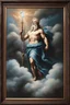 Placeholder: Epic heritage framed oil painting of zeus standing above clouds authentic colour pastel