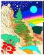 Placeholder: Peaceful, Egon Schiele, Max Ernst, night sky filled with galaxies, planets and stars, rock formations, trees, flowers, one-line drawing, sharp focus, 8k, deep 3d field, intricate, ornate, one million strokes, colored
