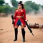 Placeholder: Mahima Chaudhary wearing 18th century red military uniform. curvy body. hair in ponytail. thick thighs. wearing booty shorts. wearing knee high boots. she is kneeling and hiding in trench. she is holding a musket gun. she is ready to fire gun. location is battlefield.