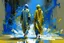 Placeholder: The perception of newness comes from anamorphic space from couple figures that undergoes a transformation after some specific action and adapts to a new space as if in the form garment of a rain, dust, scratches, ink, oil, pencil drawing, gouache texture, maximum detail, quality textures, light gold and blue lighting, 8k high resolution, Enhance
