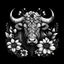 Placeholder: colorless water buffalo between seeds and flowers black background .black and white colors. for a coloring.