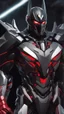 Placeholder: A close picture to Mix between symbiote and machine and batman in transformers cyborg with black metal and red details armor in solo leveling shadow art style with red details detailsis in fantasy world