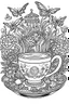 Placeholder: Outline art for coloring page, AVANT GARDE DRAWING TEACUP SET IN A GARDEN, coloring page, white background, Sketch style, only use outline, clean line art, white background, no shadows, no shading, no color, clear