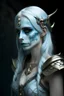 Placeholder: urban fantasy, woman, elf, noble, costume, skull mask, Light blue skin color