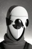 Placeholder: Planet Mercury portrayed as a masked human wearing robes, the right side of the mask is black with open white eye, the left side of the mask is white with closed eye.