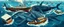 Placeholder: collisions, aggression, ship hitting animals, animals interacting with vehicles, whales near boats, overlapping subjects, chaotic composition, distortion, surreal behavior, violence, confusion, merged objects, cartoon, painting, low realism, watermark, text