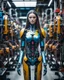 Placeholder: A length image full body photography cinematography colors a beautiful woman long hair humanoid robot in between two rows of complex machinery with vibrant colors