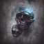 Placeholder: abstract photographic camera mixed with skull in dirty style. fog and smoke in atmosphere. bokeh, lens flare. Dark mood. Dripping paint. oil on canvas, mixed media, high detailed.