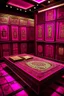 Placeholder: A magenta psychic library with telekinetic books designed in Bayeux tapestry painted by Giovanni Battista Sassi