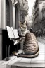 Placeholder: One single mature cat playing piano on the street, Vienna, friendly, model style, hyper realistic, extremely accurate, delicate, extremely detailed, Graphic novel style, wide-angle, open aperture, superfine pencil