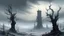 Placeholder: A Cursed Sky in winter, heavy gray clouds blanketing a snow-covered landscape, with shadows of skeletal trees reaching out like hands towards a distant, crumbling tower.