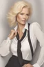Placeholder: A powerful woman in a white blouse, in her 40s blond hair