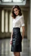 Placeholder: beautiful anorexic secretary, total shot, short satin skirt, nylons, short brunette wavy bob hair, blurred concrete background