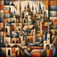 Placeholder: An abstract geometric painting depicting a landscape of an ancient medieval city with castles, towers, churches, vaults, culverts and bells in a very stylized and cubist way. The composition consists of various shapes, forms and geometric elements arranged to create the impression of buildings, structures and architectural elements in an urban landscape. The shapes and forms used in the painting are a combination of straight lines, angles, curves and circles, creating a sense of rhythm and mo