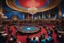Placeholder: (heavy metal / metal hurlant: psychedelic) 1946 Casino de Paris Party A vibrant, slightly distorted and saturated high-resolution photograph capturing a dynamic party scene within the opulent Casino de Paris in 1946. The large hall is bathed in rich, swirling jewel tones of red, blue, and gold from spotlights and hanging chandeliers, casting long, dramatic shadows that feel slightly off-kilter. The atmosphere is dense with the aroma of sophisticated cigarettes, spilled gin, and raw energy. On t