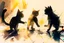 Placeholder: cats playing activity, melting watercolor and black ink outlines on wet paper, soft, shading strokes, in sunshine, ethereal, otherwordly, cinematic postprocessing, bokeh, dof