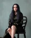 Placeholder: Billie Eilish, sitting on a chair, Black Short Dress, high detail, realistic